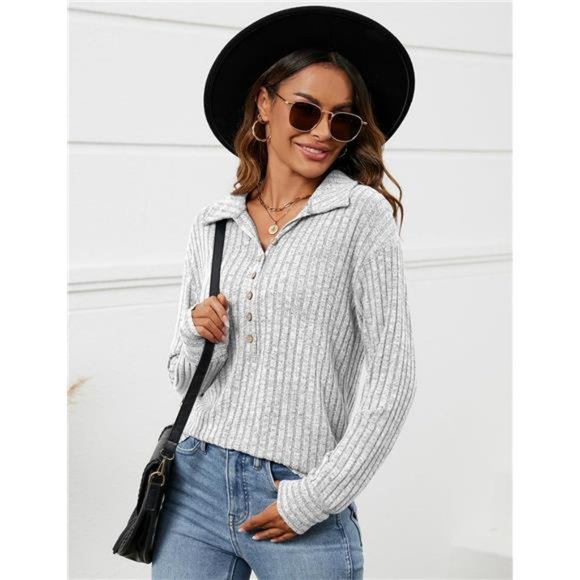 Casual Long Sleeve Button Blouses Ribbed Knit Collared Oversized Loose Fit Tops - Picture 5 of 7
